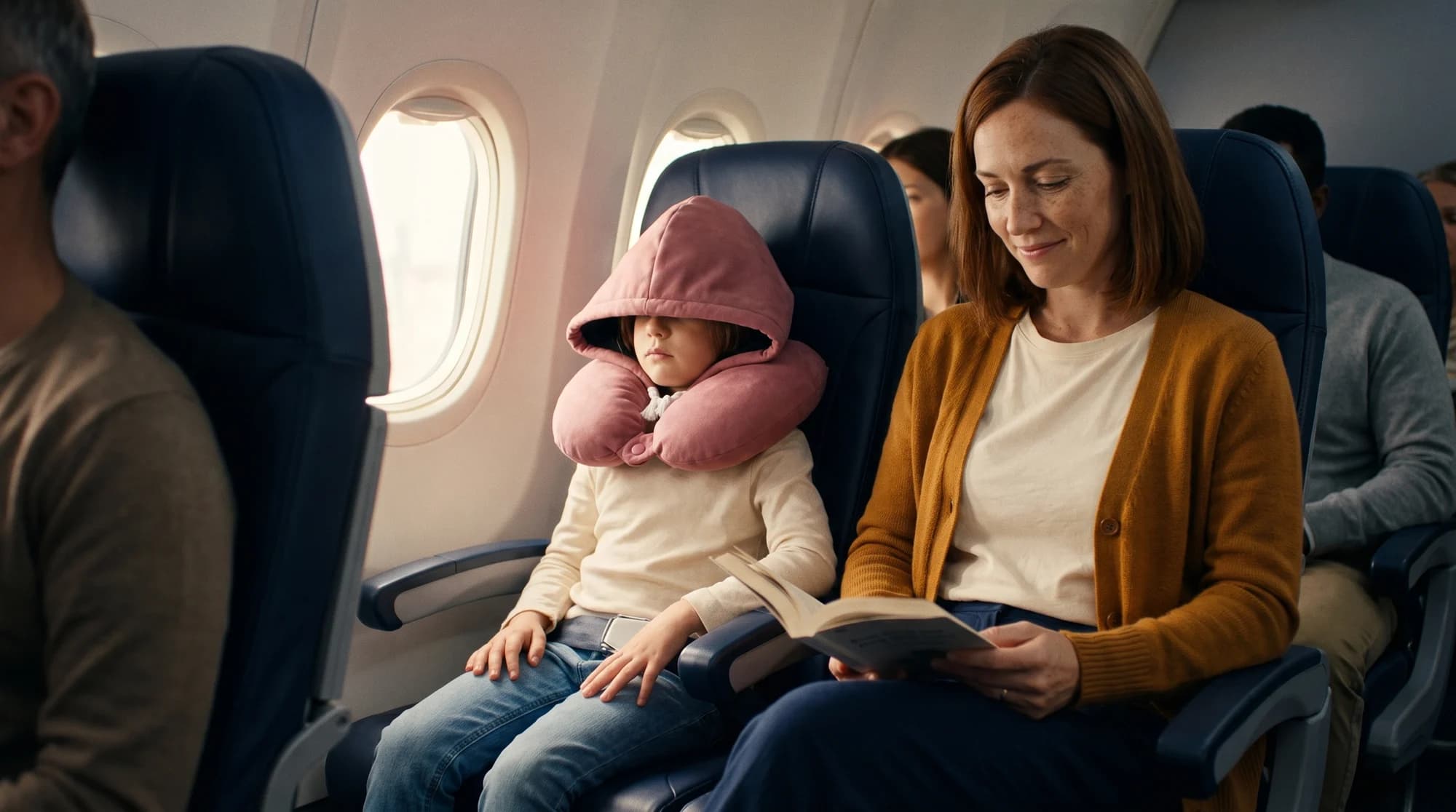 A campaign scene of a child resting in the Snug Hood while their mother reads beside them on a plane