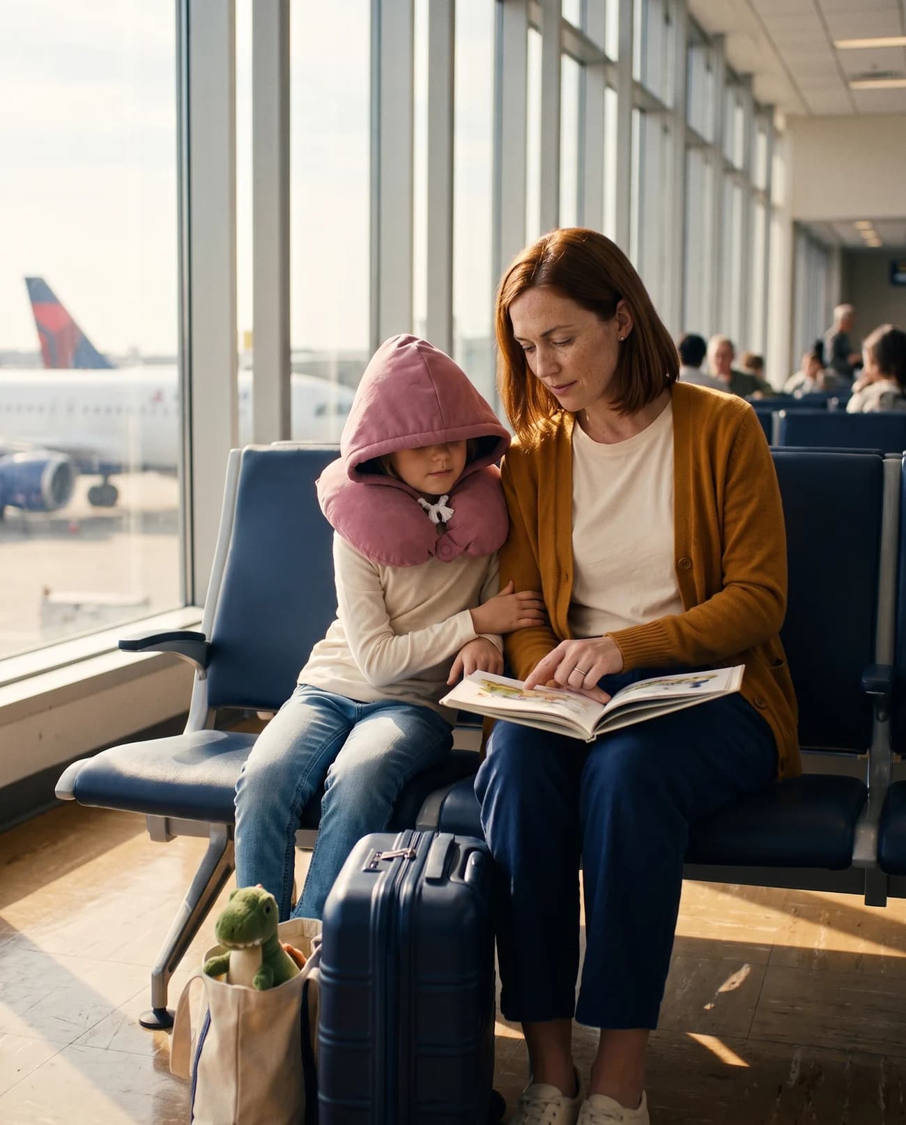 Campaign scene of parent and child sharing a book at the gate